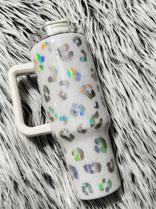 40oz Tumbler with Handle - White and Silver Leopard